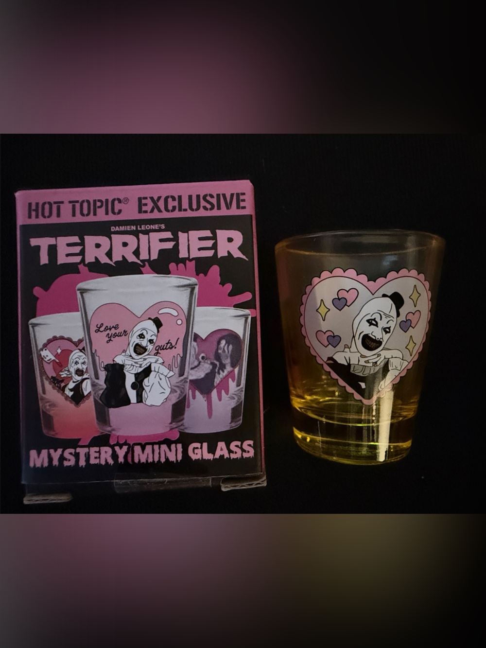 Hot Topic Yellow Mini Glass with Pink Heart Terrifier Art- Chase Yellow Cutesy